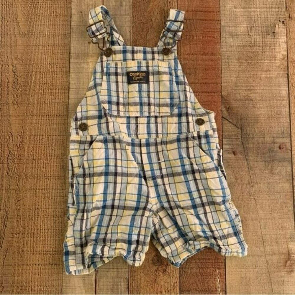 Oshkosh B’gosh White yellow and blue plaid overalls toddler size 18 months